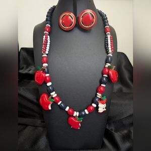 #7. Vintage 70s Red Apple Beaded Necklace and Earring Set - Women Jewelry